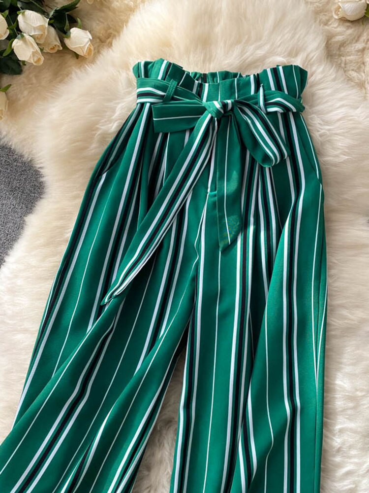 goosudu Summer New Fashion All-match Women's Casual Pants Retro Striped Color Slim Long Slit Wide Leg Pants DK1053