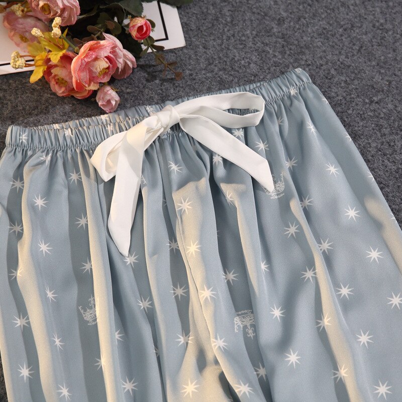 Women's Summer Two-piece Suit Pajamas Ice Silk Satin Thin Outwear Print Lace Pyjamas Home Suit for Women Clothes