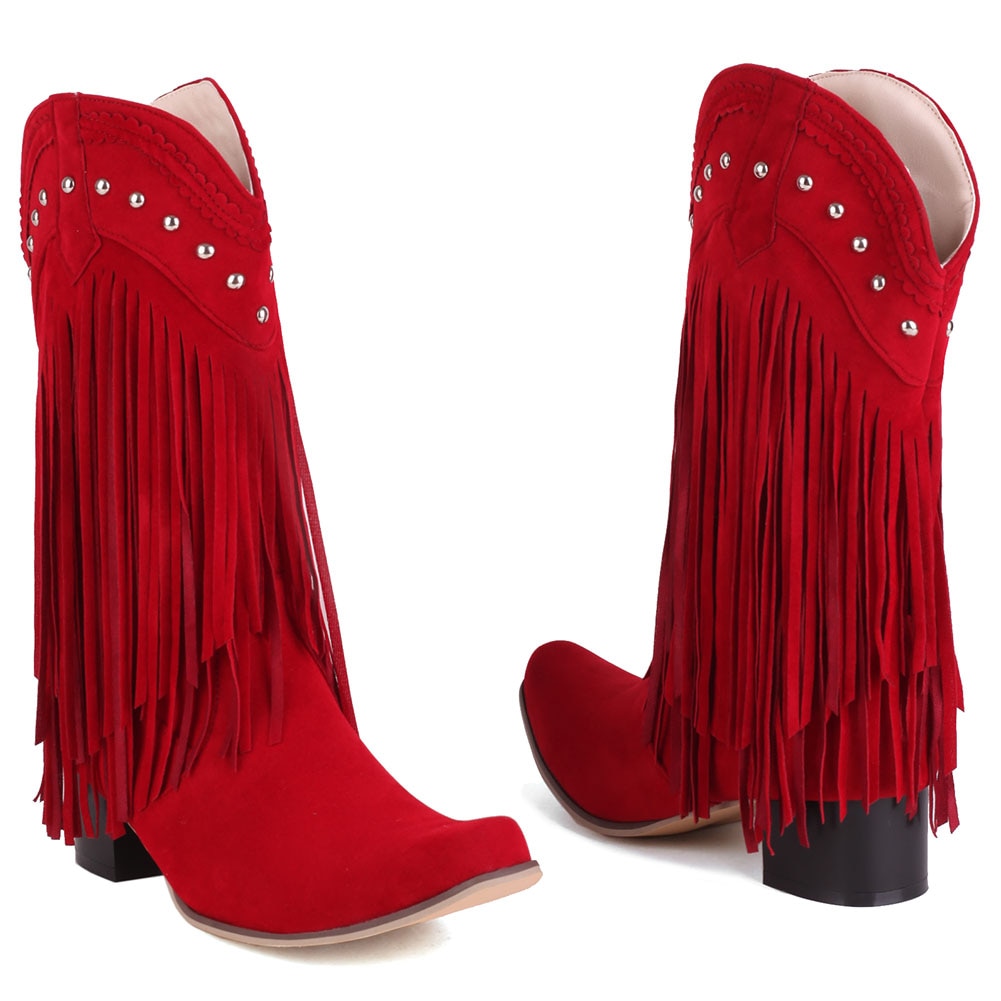 woloong  New Arrival Cowboy Western Long knee-high Boots Women Stacked Heeled Fringe Retro Casual Ridding Boots Autumn Shoes