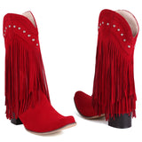 woloong  New Arrival Cowboy Western Long knee-high Boots Women Stacked Heeled Fringe Retro Casual Ridding Boots Autumn Shoes
