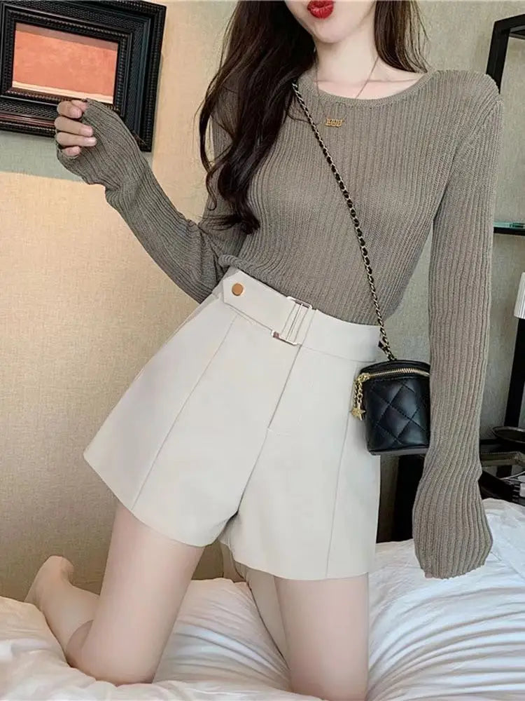 Shorts Women Elegant Korean Style Trendy Office Simple High Waist All-match Mature Tender Ladies Spring Pure Color New Design