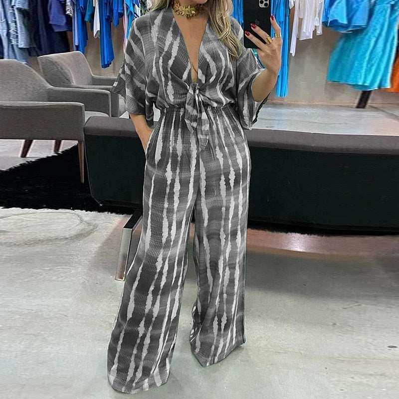 Summer Striped Print Waisted Romper Women Fashion V-neck Half Sleeve Jumpsuit Ladies Casual Wide Leg Pant Playsuit Overalls