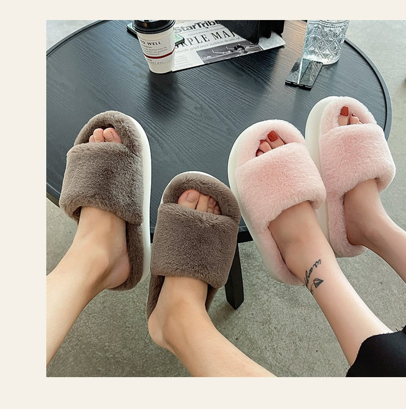 goosudu Thick Fluffy Fur Slippers New Women Winter House Warm Furry Slippers Women Flip Flops Home Slides Flat Indoor Floor Shoes