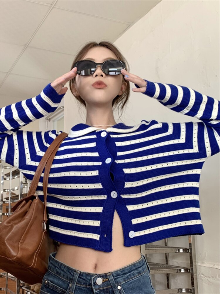 Striped Knitted Cardigan Women Hollow Out Turn Down Collar Long Sleeve Cropped Sweater Loose Outwear Autumn New Tops