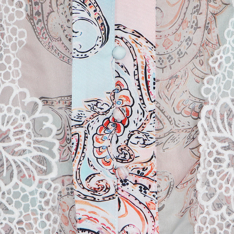 woloong  Sweet Patchwork Lace Set For Women Stand Collar Long Sleeve Shirt High Waist Skirt Print Sets Female Fashion New