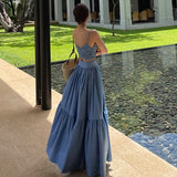 Sexy Two Piece Set Skirt Women French Style V-neck Slim Fit Short Camisole Tank Top High Waist Large Swing Ruched Skirt Suit