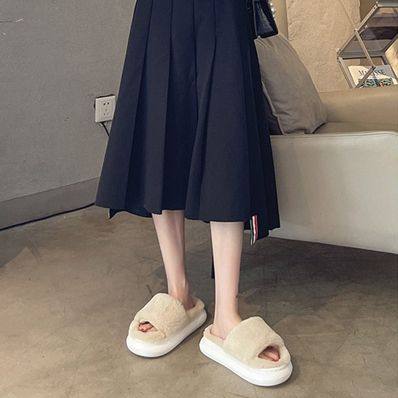 goosudu Thick Fluffy Fur Slippers New Women Winter House Warm Furry Slippers Women Flip Flops Home Slides Flat Indoor Floor Shoes