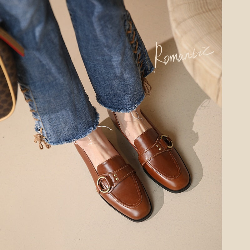 woloong   Spring New Genuine Leather Women Shoes Fashion Retro Slip-On Loafers Shoes Square Toe Shoes Woman Zapatos De Mujer Flats