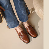 woloong   Spring New Genuine Leather Women Shoes Fashion Retro Slip-On Loafers Shoes Square Toe Shoes Woman Zapatos De Mujer Flats