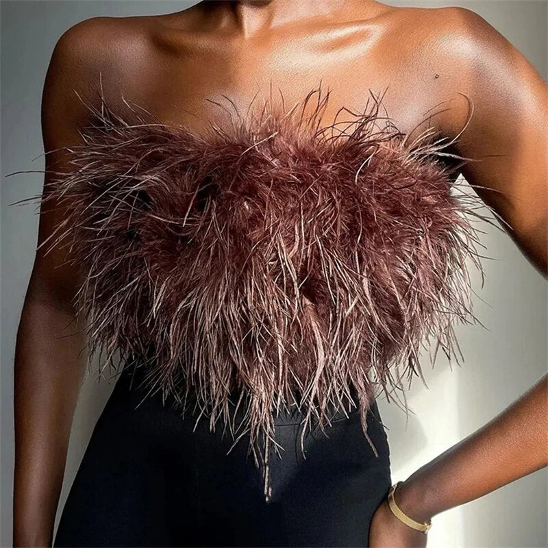 Fur Feather Strapless Tube Tops For Women Party Fashion Bustier Cute Top Y2k Club New Sexy Mini Fluffy Corset Top