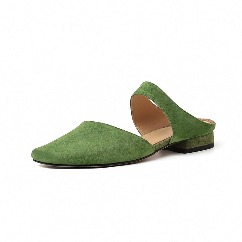 New Summer Women Shoes Sheepskin Shoes for Women Simple Bow Women Slippers Low Heels Square Toe Slippers Mules Handmade