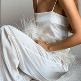 Feathers Sexy Sleepwear For Women Chic Satin Pajamas Set Loose Black Spaghetti Strap Home Suit White Trouser Suits