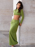 Elegant 2 Piece Set Green Long Sleeve Cropped Top And Slim Split Maxi Skirt Sets Femme  New Party Evening Outfits