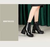 woloong  Thick Heel  Boots Autumn Winter New Fashion Side Zipper Lace Non-slip Waterproof Platform Thick-soled Women's Boots ANKLE