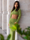 Elegant 2 Piece Set Green Long Sleeve Cropped Top And Slim Split Maxi Skirt Sets Femme  New Party Evening Outfits