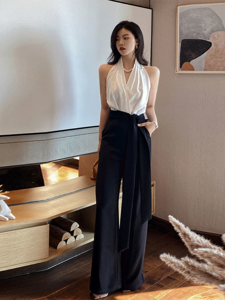 French Elegant Jumpsuits Women Casual Sleeveless Black and White Crop Tops + Loose Pants Office Lady Korean Clothing Summer
