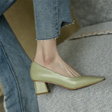 Spring New Women's Pumps Genuine Leather Square Toe Chunky Heel Fashion All-match Casual Women's Shoes Green/Apricot