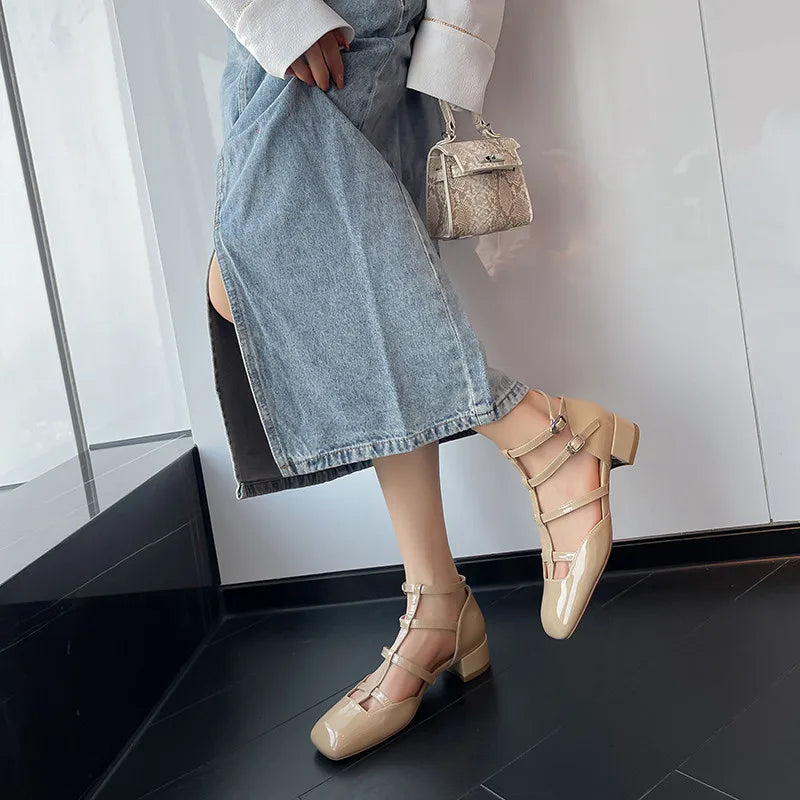 Fashion Sandals Women New High Real Genuine Leather Square Head Slim Strap Buckle Roman Style High Heels Summer Versatile