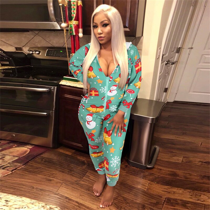 Women Christmas Printed Pattern Jumpsuit Long Sleeve Zipper Closure Hooded Overalls Winter Sleep Home Wear Clothes Red/ Green