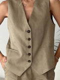 Linen V-neck Vest High Waist Shorts Sets Single Breasted Sleeveless Blazer Shorts 2 Pcs Set Women Fashion Commuter Suits
