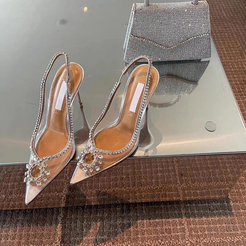 Spring and summer new European and American pointed high heels transparent rhinestone fashion sandals