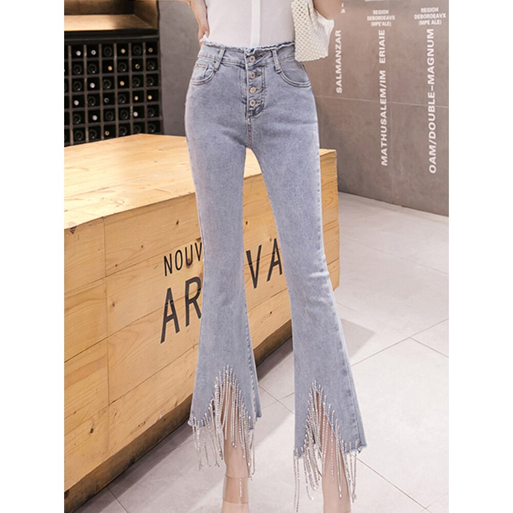 woloong spring new Flare Set auger Jeans Woman Denim Trousers Vintage Women Clothes Fall High Waist Pants Stretchy Jeans