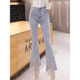 woloong spring new Flare Set auger Jeans Woman Denim Trousers Vintage Women Clothes Fall High Waist Pants Stretchy Jeans