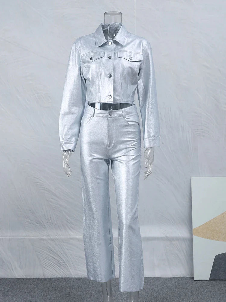 Chic Silvery Women's Pants Set Fashion Lapel Single Breasted Crop Jacket Straight Trousers Suit  Autumn Lady Elegant Outfit