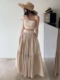 Sexy Two Piece Set Skirt Women French Style V-neck Slim Fit Short Camisole Tank Top High Waist Large Swing Ruched Skirt Suit