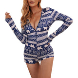 goosudu  Women Christmas Printed Pattern Pajama Button V-neck Long Sleeve Bodycon Playsuit Casual Homewear Red/ Wine Red/ Navy/ Black