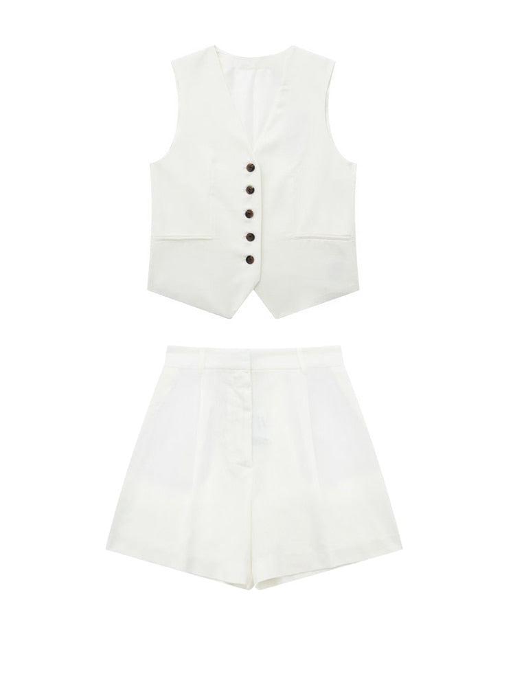 Linen V-neck Vest High Waist Shorts Sets Single Breasted Sleeveless Blazer Shorts 2 Pcs Set Women Fashion Commuter Suits