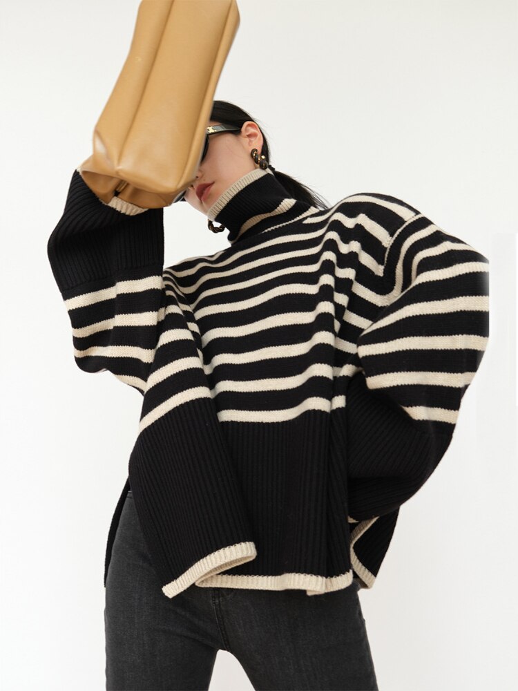 Fashion Tops Women Striped High Collar Sweater New Autumn Winter Loose Design Knitted Pullover Oversized Sweater  Jumper