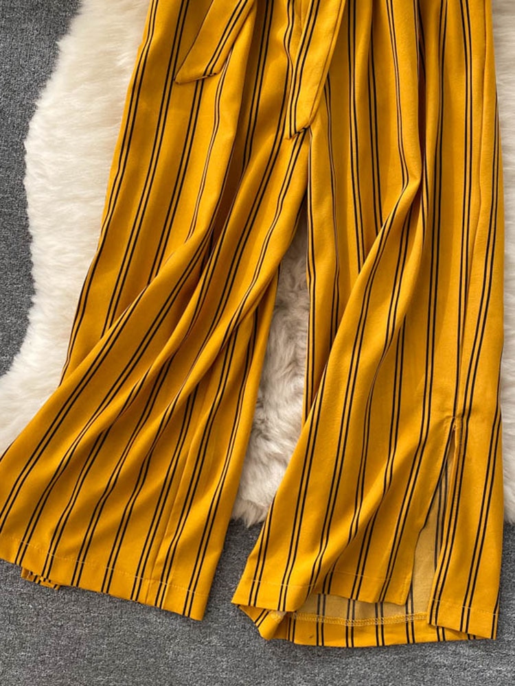 goosudu Summer New Fashion All-match Women's Casual Pants Retro Striped Color Slim Long Slit Wide Leg Pants DK1053