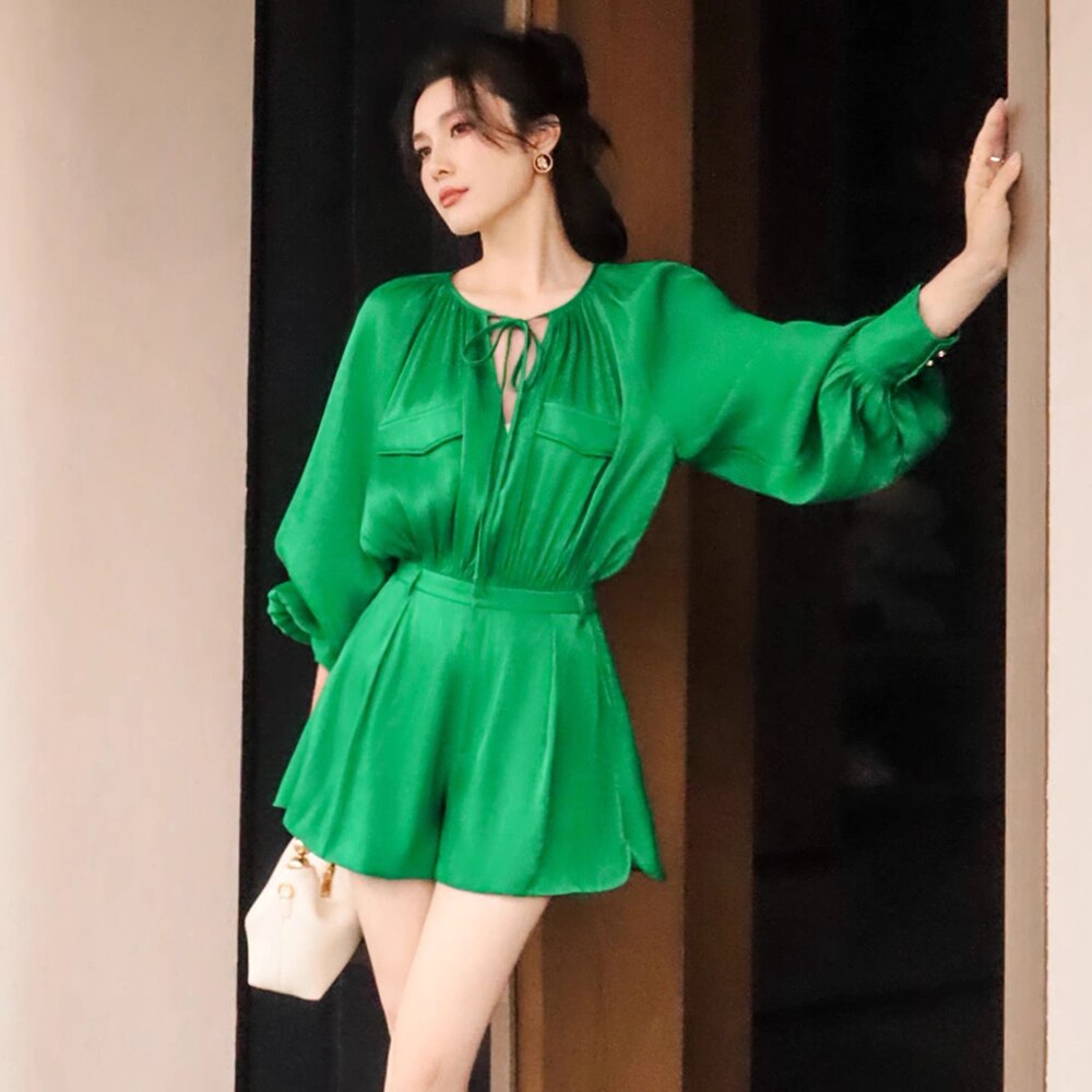 Patchwork Lace Up Jumpsuit For Women V Neck Lantern Sleeve High Waist Shorts Casual Jumpsuit Female Fashion