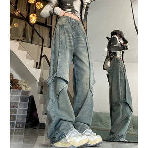 Blue Women Jeans Vintage High Waist Chic American Fashion Y2K Streetwear Wide Leg Jean Female Trouser  NEW Baggy Denim Pants