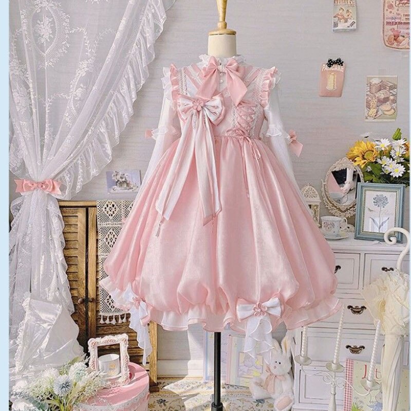 Sweet Japanese Lolita Pink Princess Dress Women  Summer New Cute Bow Lace Jsk Strap Dress Soft Girl Kawaii Mini Vestido Lady