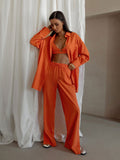 Cotton Homewear Shirt Long Pants 2 Piece Set Female Long Sleeve Shirt Suit High Waist Lace Up Slit Wide Leg Pants Set