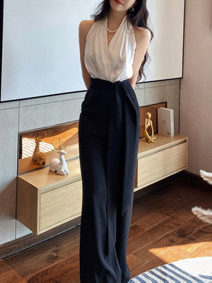 French Elegant Jumpsuits Women Casual Sleeveless Black and White Crop Tops + Loose Pants Office Lady Korean Clothing Summer