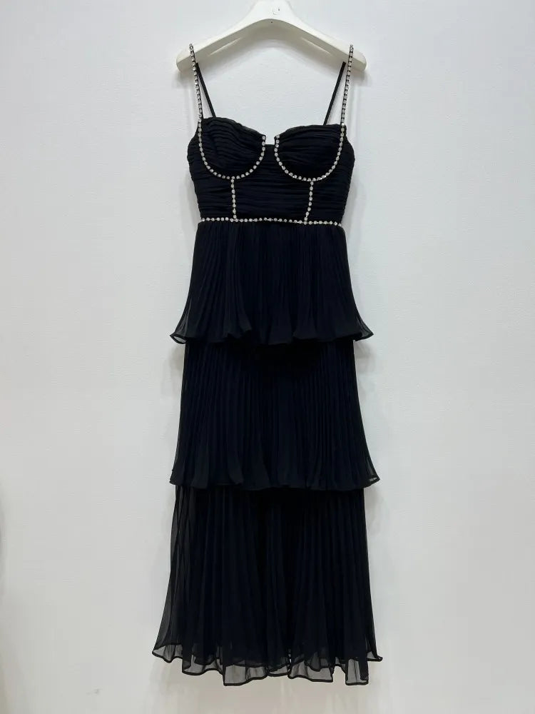 Top Quality Women Dress Early Autumn New  Light Luxury Black Blut Chiffon Pleated Cake Suspender Midi Dress