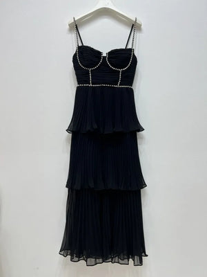Top Quality Women Dress Early Autumn New  Light Luxury Black Blut Chiffon Pleated Cake Suspender Midi Dress