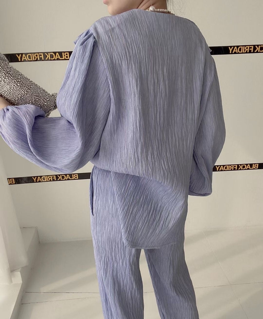 Ruffle Spliced V-neck Shirt + High Waist Wide Leg Pants Set Female  Autumn New Women Solid Loose Two-piece 16T577