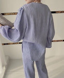 Ruffle Spliced V-neck Shirt + High Waist Wide Leg Pants Set Female  Autumn New Women Solid Loose Two-piece 16T577