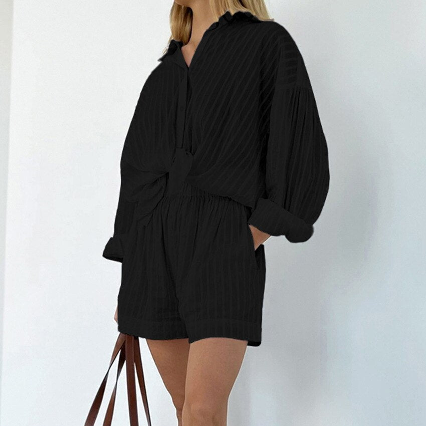Women's Pajamas Cotton Casual Shorts Sets Striped Jacquard 2 Pieces Cozy Lapel Lantern Sleeve Shirt Summer Outfit Shorts Suits