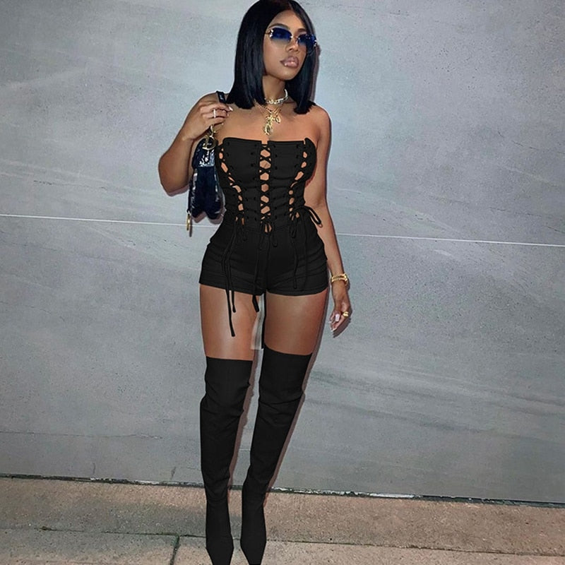 goosudu Lace Up Sexy Jumpsuit Women Club Outfits Elegant Romper Shorts Jumpsuit Bodycon Playsuit One Piece Summer Overalls for Women