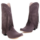 woloong  New Arrival Cowboy Western Long knee-high Boots Women Stacked Heeled Fringe Retro Casual Ridding Boots Autumn Shoes