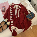 Cute girl red Fried Dough Twists ribbon sweater Autumn/Winter New Christmas Sweet Bow Knit Top Women's Korean Fashion Sweat New Year