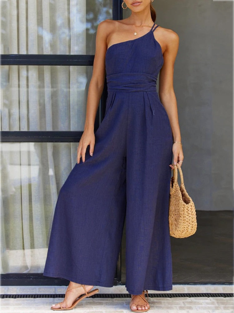 Waist Folds Backless Double Strap Casual Wide Leg Jumpsuit Long Pants Green  New Female Loose  Jumpsuit