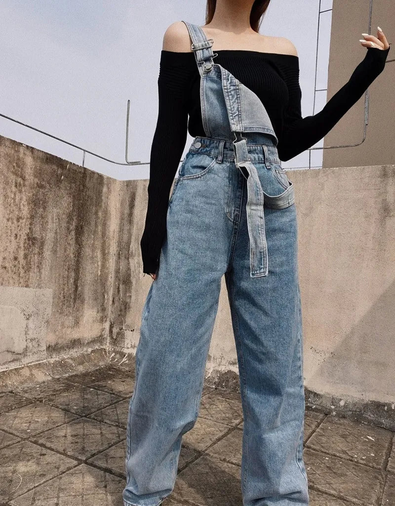Vintage Denim Overalls for Women Baggy Jeans Spring Summer Casual Jumpsuits High Waist Straight Trousers Cargo Pants Female