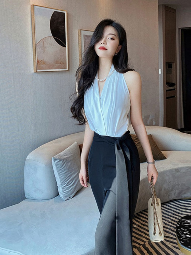French Elegant Jumpsuits Women Casual Sleeveless Black and White Crop Tops + Loose Pants Office Lady Korean Clothing Summer