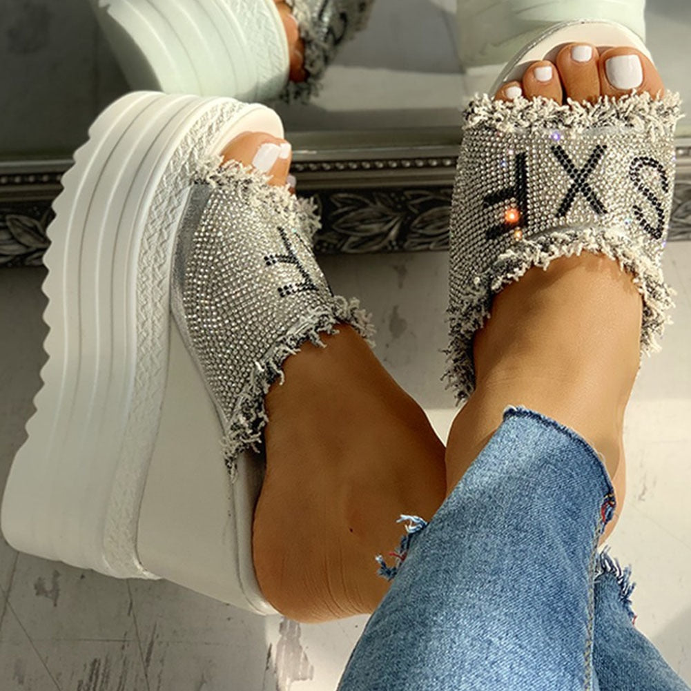 Newest Drop Ship Crystals Wedges High Heels Leisure Summer Sandal Woman Shoes Women Platform Mules Slippers